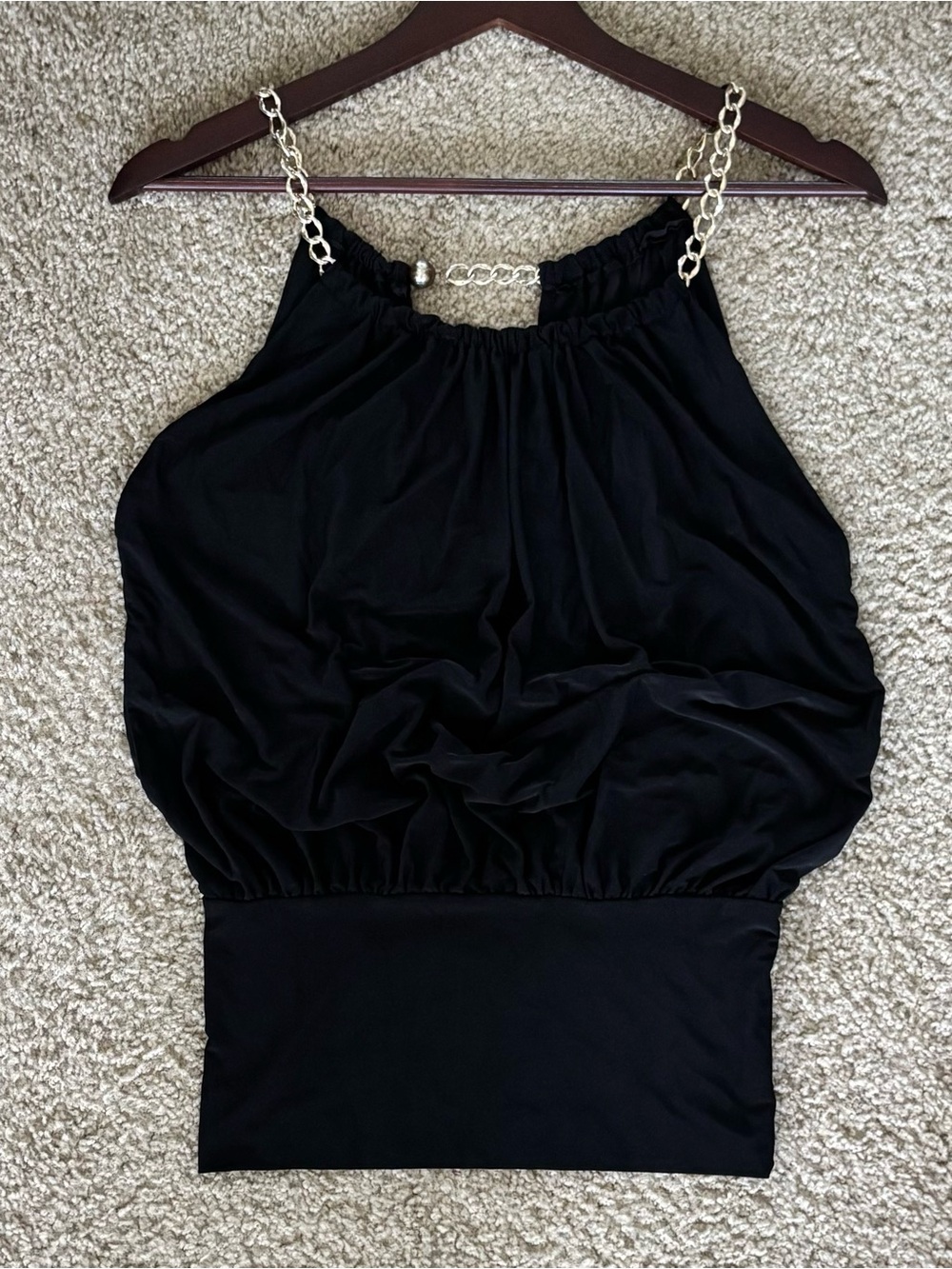 Vintage Y2K Papaya USA Black Halter Top Gold Chain Straps S